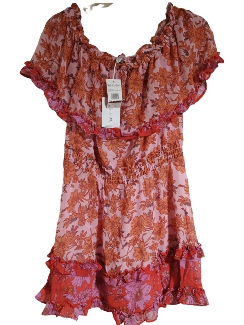 Jessica Simpson NWT Floral Ruffle Mini Dress Pink Rust Boho Size S